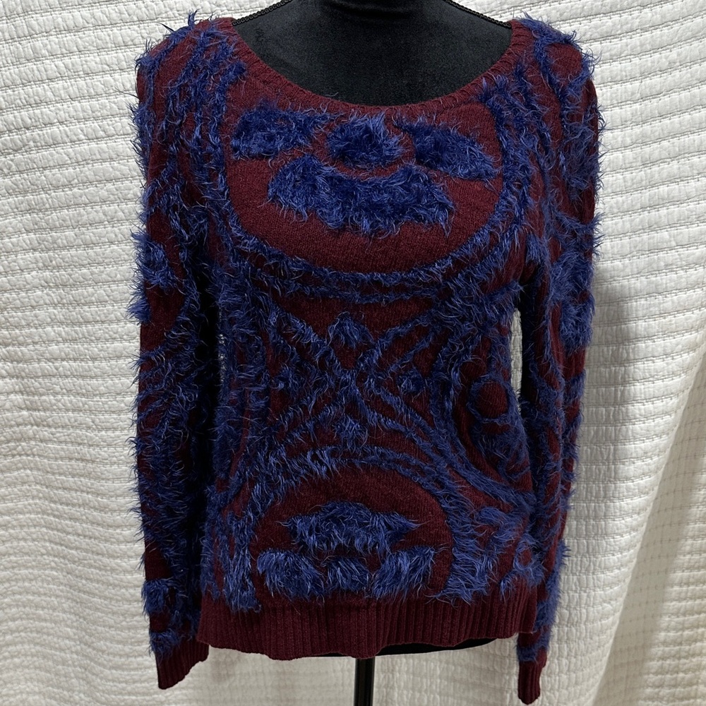 Anthropologie Moth Maroon Blue Chenille Abstract Intarsia Sweater Med. MSRP $148